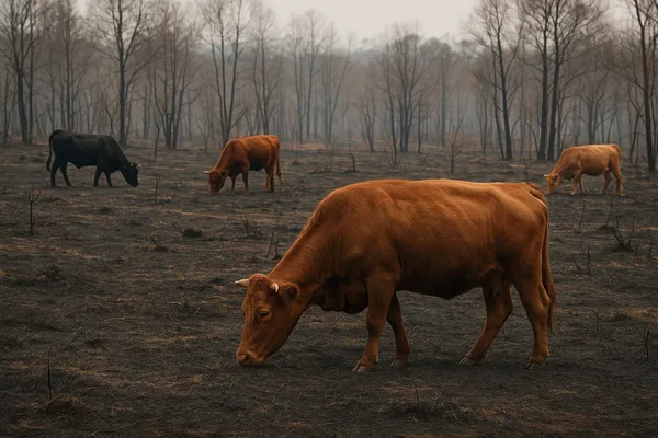 VACAS PASTANDO EN ZONAS QUEMADAS POR UN INCENDIO FORESTAL