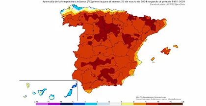Mapa elaborado por la Aemet sobre las máximas previstas este viernes 23 de marzo 2024