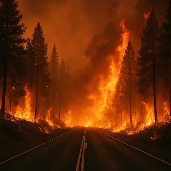 CARRETERA INVADIDA POR UN INCENDIO FORESTAL
