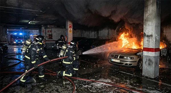 bomberos sofocando un fuego en un garaje