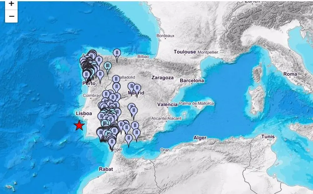 Mapa de intensidades del terremoto registrado al sur de Lisboa. - IGN