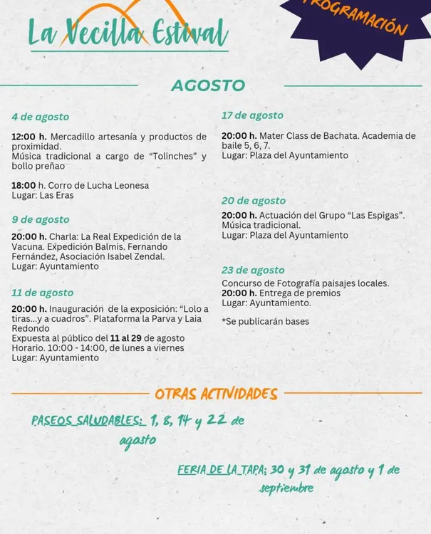 AGENDA CULTURAL AGOSTO EN LA VECILLA DE CURUEÑO